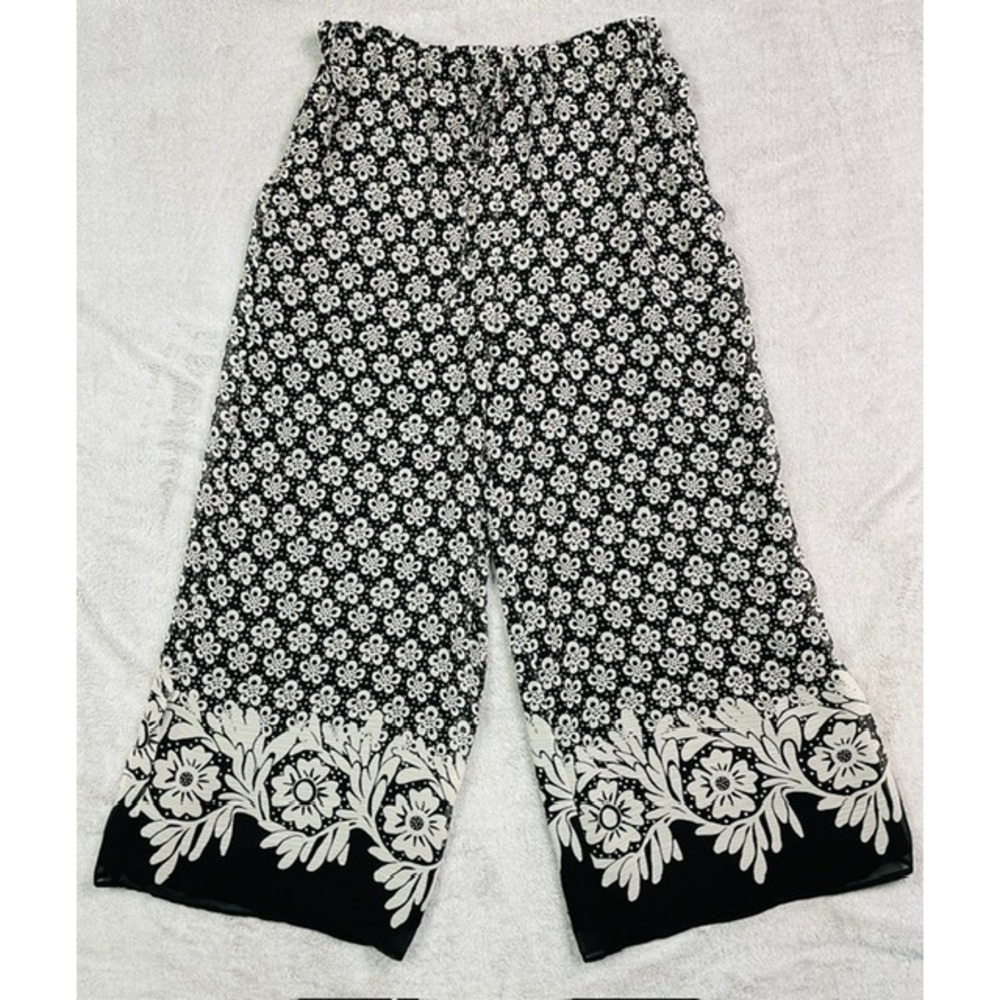 CeCe Women Medium Black and White Floral Wide-Leg Pants Flowy Boho Elastic Waist
